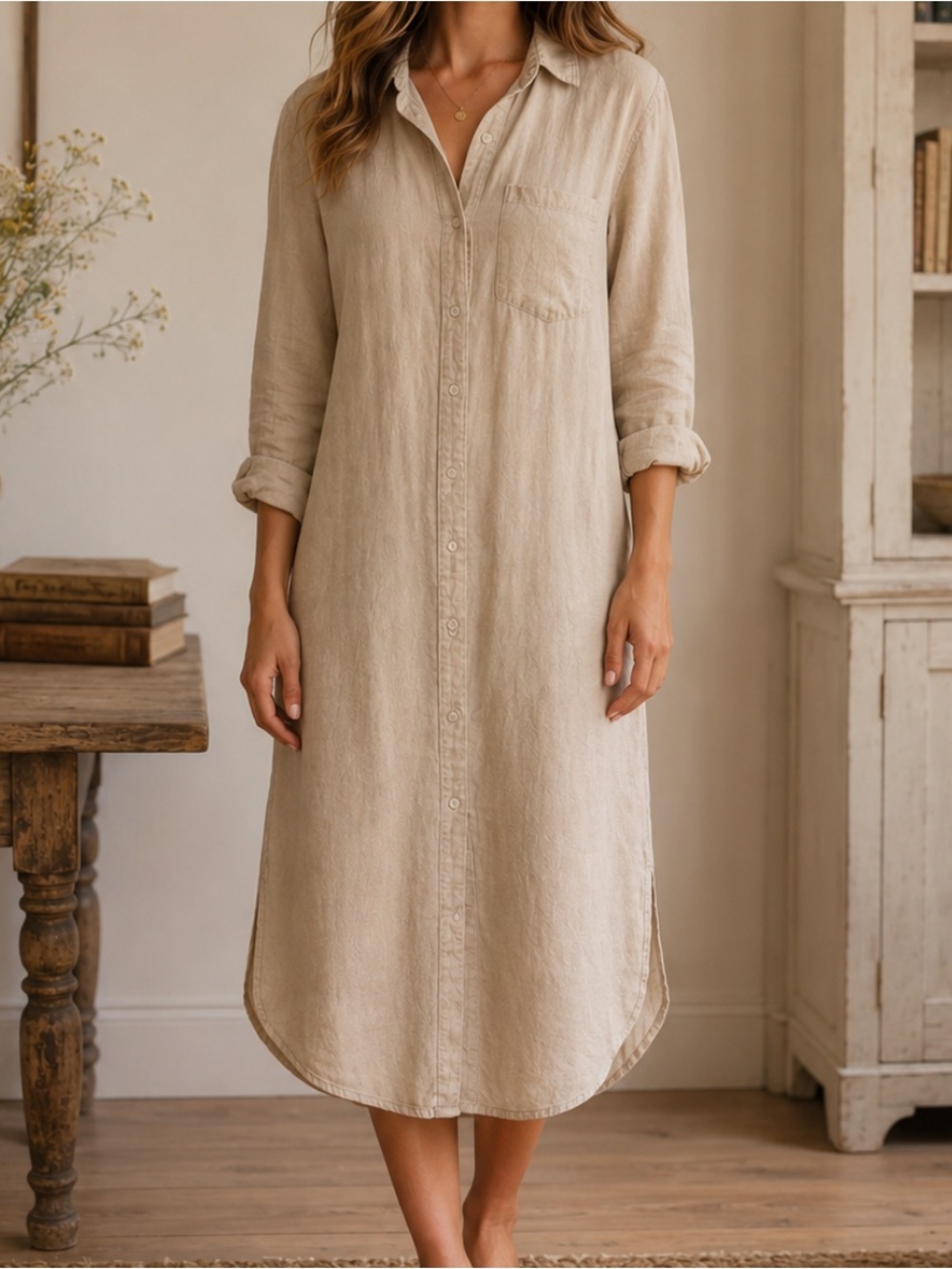 Abercrombie & Fitch Linen Blend Button Down Woven Midi Shirt Dress Tan Small